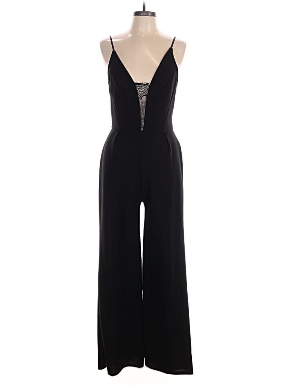Charlotte Russe Low Back Black Lace Plunge Wide Leg Jumpsuit with Lace, Size M